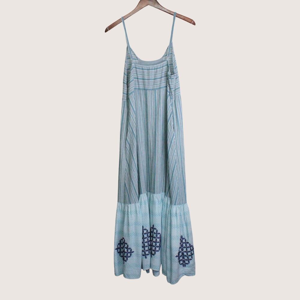 Embroidered Tiered Cover-up Maxi Dress Boho Sundress Seafoam Green & Blue Large - Picture 4 of 12